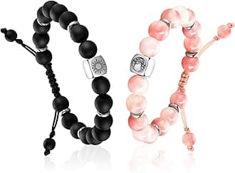 Elegant Beaded Bracelets for Couples - Valentines Day Gifts with Positive Meaning, Natural Stone & Stainless Steel Healing Energy Jewelry, Adjustable Sun and Moon Set, Perfect Friendship Gifts