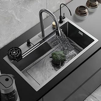 Hardstone 304 Grade Multifunction Kitchen Sink 24 x 18 x 9 with Anti Scratch Honeycomb Design, Integrated Waterfall & Pull-Out Faucet Set Stainless Steel Sink with Cup Washer and Drain Baskets