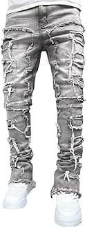 Stacked Jeans Men Skinny Ripped Jeans Slim Fit Patchwork Denim Pants Y2K Goth Harajuku Emo Hip Hop Jeans Trouser