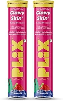 The Plant Fix Plix Glutathione Effervescent Tablets for Clear, Glowing & Youthful Skin | 500mg Glutathione, Vit E & Hyaluronic Acid | No Maltodextrin, No Sugar | Pack of 2 (30 tabs) | Strawberry