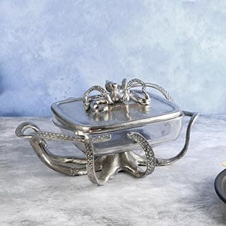 The Home CO. Glass Serving Platter for Home Decor | Octopus Aluminium Stand with Glass Top | Unique Design Best to Serve Food, Snacks & Dessert Appetizer Platters (Silver)