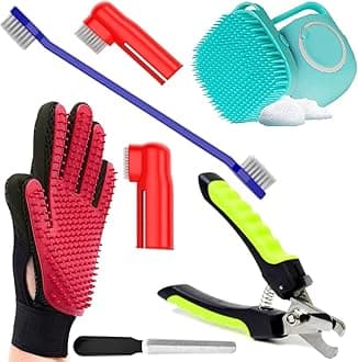 Woofy Dogs Grooming Kit - Pet Shampoo Brush, Nail Cutter, Tooth Brush and Grooming Hand Glove for Puppy, Cat and Kitten (Pack of 4)