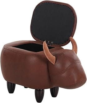 OLizee® Decorative Buffalo Storage Ottoman Footstool Cute Animal Upholstered Stool for Kids Wooden Accent Footrest, Brown PU
