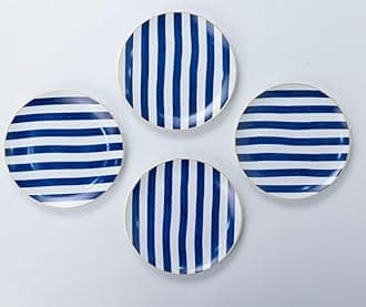 GOLDEN QUEEN'S Snack Plates Set of 4 | Perfect for Snacks, Desserts, Appetizers, Salads, Tapas, Cheese | 7 inches Wide | Microwave Safe (Blue Stripes)