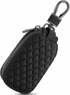Genuine Leather Car Key Case, Universal Auto Key Fob Cover, Anti Scratch, Waterproof, Zipper Bag with Keychain & Carabiner, Unisex-Adults, Dark Black