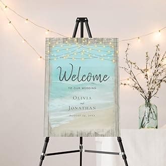 Rustic Beach Wood String Lights Wedding Sign, Personalized Beach Theme Wedding Party Sign, Editable Ocean Beach Summer Welcome Poster, Blue Ocean Party Decoration, Printable Welcome Sign Board