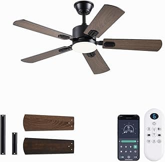 Ceiling Fans with Lights, 42 Inch Low Profile Ceiling Fan with App/Remote Control, DC Reversible Motor, Dimmable LED Ceiling Fans for Bedroom,Indoor/Outdoor Patio Use（Brown）