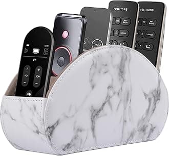 Leather Remote Control Holder with 5 Compartments TV Remote Caddy Store Box,Desktop Organizer for Controller, Glasses and Media Player,Pen Storage (White)