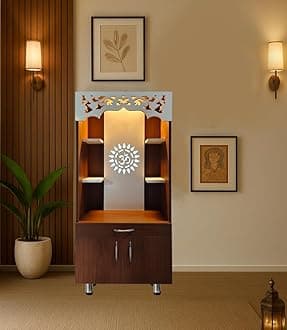 Wooden Temple I Pooja Mandir for Home Corian Design Devghar I Pooja Unit I Wooden Mandir I Pooja ghar (Walnut & White Without Door 2 X 4 FT)