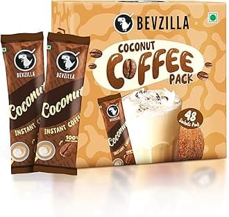 Bevzilla 48 Instant Coffee Powder Sachets (Coconut) - 96 Grams | Makes 48 Cups| Arabica Coffee| Easy To Carry| Best For Espresso, Latte, Cappuccino|Enjoy Hot & Cold Coffee