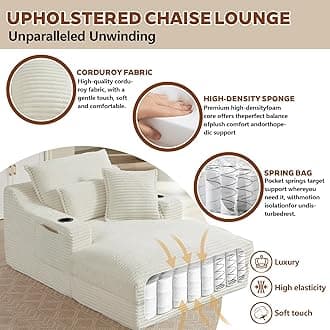 Oversized Chaise Lounge Chair Indoor, Boneless Chaise Lounges with Cup Holders & 3 Pillows, Modern Corduroy Sleeper Sofa Cloud Couch Chair with Wide Arms, No Assembly Required (White, 48")