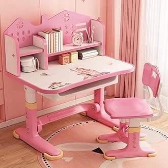 Kids Functional Desk and Chair Set, Study Desk with Chair, Height Adjustable Children School Desk with Storage Drawer for Boys Girls Pink