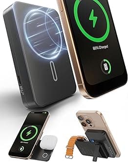 Magnetic 3 in 1 Portable Charger Wireless Charging Station, KU XIU 10000mAh Foldable Power Bank 15W Fast Charging, Travel Charger Battery Pack for iPhone 16/15/14/13/12, for Apple Watch, AirPods,Black