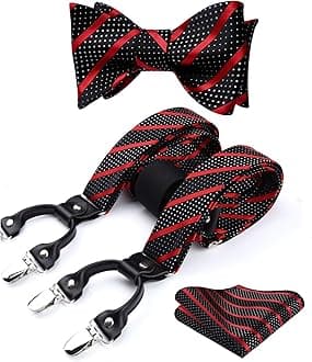 HISDERN Bow tie and Suspenders for Men Plaid Suspender Self Bowtie Pocket Square Adjustable Y Shape Mens Trouser Braces