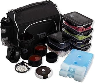 Meal Prep Bag Insulated Lunch Meals Bag W/6 Portion Control Containers,2 ICE PACKS, Shaker, Pill Box,With an Adjustable shoulder. bag for meals (Black)