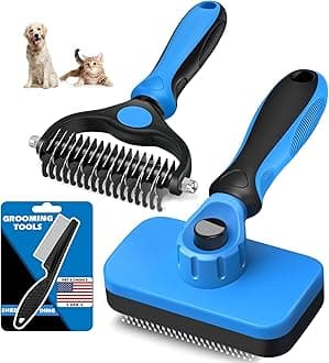3PCS Self Cleaning Slicker Brush & Pet Grooming Rake & Flea Comb for Dogs,Cats and Horses | Double-Sided Dematting Comb & Skin Friendly Deshedding Grooming Tool | Premium Pet Supplies (Blue Black)