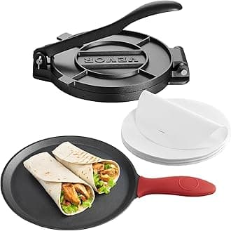 VEVOR Tortilla Press, 10 Inch Cast Iron Tortilla and Roti Maker, Heavy Duty Tortilladora Press, Pataconera Makers with Handle and 100 Pcs Parchment Paper, Dough Taco Press for Flour Tortilla, Tawa