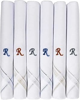 Men's Initial Monogram (A-Z) Embroidery 100% Pure Cotton Handkerchief White Base With Colored Border - Pack Of 6