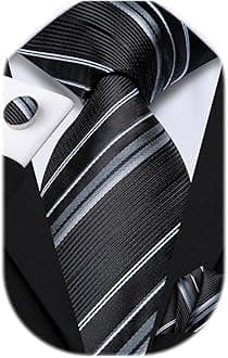 Dubulle Black Ties for Men Silk Mens Paisley Floral Striped Necktie and Pocket Square Cufflinks Set Wedding Business