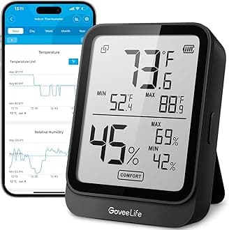 GoveeLifeH5104 Hygrometer, Bluetooth Ambient Temperature Monitor with APP Alert and 2 Years Date Storage, Remote LCD Digital Hygrometer, Indoor Hygrometer Hygrometer, Humidity, Greenhouse,