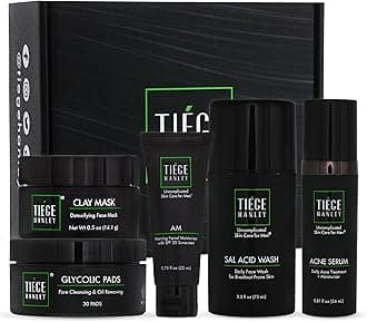 Tiege Hanley Men's Acne Treatment System (Level 3), The TiegeClear Acne Complete Routine. Includes Sal Acid Wash, Glycolic Acid Pads, and Acne Serum - All Skin Types
