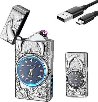 YOZWOO Electric Lighter 3-in-1 with Blue Dolphin Design & Quartz Clock | USB C Rechargeable Windproof Plasma Lighter with Flashlight | Unique Gifts for Men, Women, Teens (Dolphin Silver)
