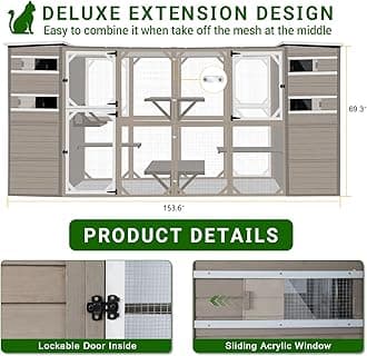 PetsCosset Large Catio Outdoor Cat Enclosure, Weatherproof Cat House Attached to Window for Multi Cats, 4 Story Wooden Kitten Condo Asphalt and UV Protection Roofs, Multi Platforms 153.6" L x 70" H