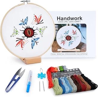 Embroidery Kit for Adult Beginners, Butterfly Embroidery Kit with Step-by-Step Instructions and Video,Printed Cloth,7.87" Hoop, Display Stand,Color Threads,Threader & Needles for Craft Lover(BED002)