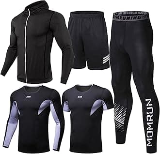 BOOMCOOL 5Pcs Gym Clothes Men Tracksuit Sets Running Wear Compression Shirts Sleeve Tops Jackets Long Suits Leggings Shorts Sports Activewear for Athletic
