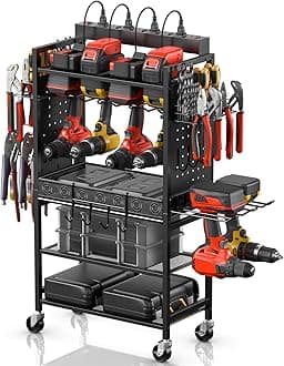 CCCEI Power Tool Organizer Cart with Charging Station, Garage Floor Rolling Storage Cart on Wheels for Mechanic, Mobile 6 Drill, Tool Box Utility Cart with Battery Charging Power Strip, Black