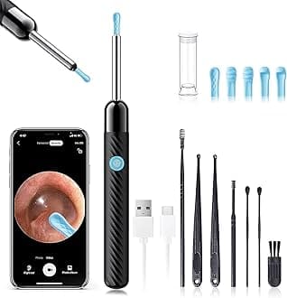 Ear Wax Removal - Earwax Remover Tool with 8 Pcs Ear Set - Ear Canal Cleaner with 1080P Camera - FSA HSA Eligible - Ear Cleaning Kit with 6 Ear Spoon - Ear Camera for iOS & Android (Black)Global Recycled StandardGlobal Recycled StandardGlobal Recycled Standard