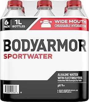BODYARMOR SportWater Alkaline Water, Superior Hydration, High Alkaline Water pH 9+, Electrolytes, Perfect for your Active Lifestyle, 1 Liter (Pack of 6)