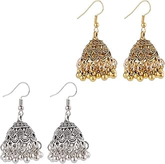 2 Pairs Indian Earrings, Vintage Jhumkas, Gold & Silver Aluminium Alloy, Dangle, Post, Ear Cuff, 1.57in