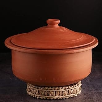 Swadeshi Blessings Exclusive Range Unglazed Clay Pot for Cooking & Serving with Lid/Earthen Kadai/Mud Handi/Mitti Ke Bartan (with Mirror Shine) + Free ASH for Cleaning (4.5 Liters)