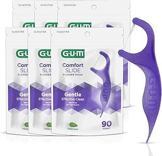 GUMComfort Slide Floss Picks - Perfect for Tight Teeth - Extra Strong Shred-Resistant Dental Floss, Easy Grip Handle - Dental Flossers for Adults - Fresh Mint Flavor,90 Count (Pack of 6)