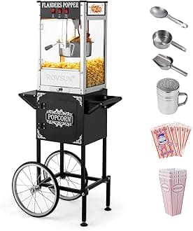 ROVSUN Popcorn Machine with Cart & 8 Oz Kettle Makes Up to 32 Cups, Movie Theater Style Popcorn Maker with Stainless Steel Scoop, Oil Spoon & 3 Popcorn Cups for Commercial Home Party, ETL, Black