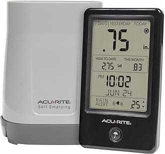 AcuRite Wireless Rain Gauge with Self-Emptying Rain Collector with Rainfall History, Alerts, and Current Date and Time (02446M)