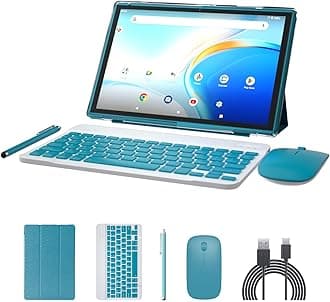 NOVOJOY 2 in 1 Tablet 10 Inch Android 15 OS Tableta, Tablets with Keyboard, Mouse, Case, Stylus, 32GB ROM+8GB RAM, 2MP+8MP Dual Camera, Quad Core Processor, 6000mAh Battery, 10.1 in FHD Tab Navy.