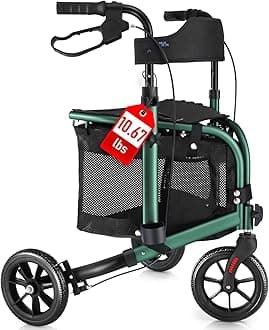 WALK MATE 3 Wheel Rollator Walker with Seat for Slim Seniors, Padded Backrest Lightweight Foldable Travel Walker Ideal for Elderly, 8 Inch Tri-Wheel Modern Mobility Walking Aid Aluminum, Green