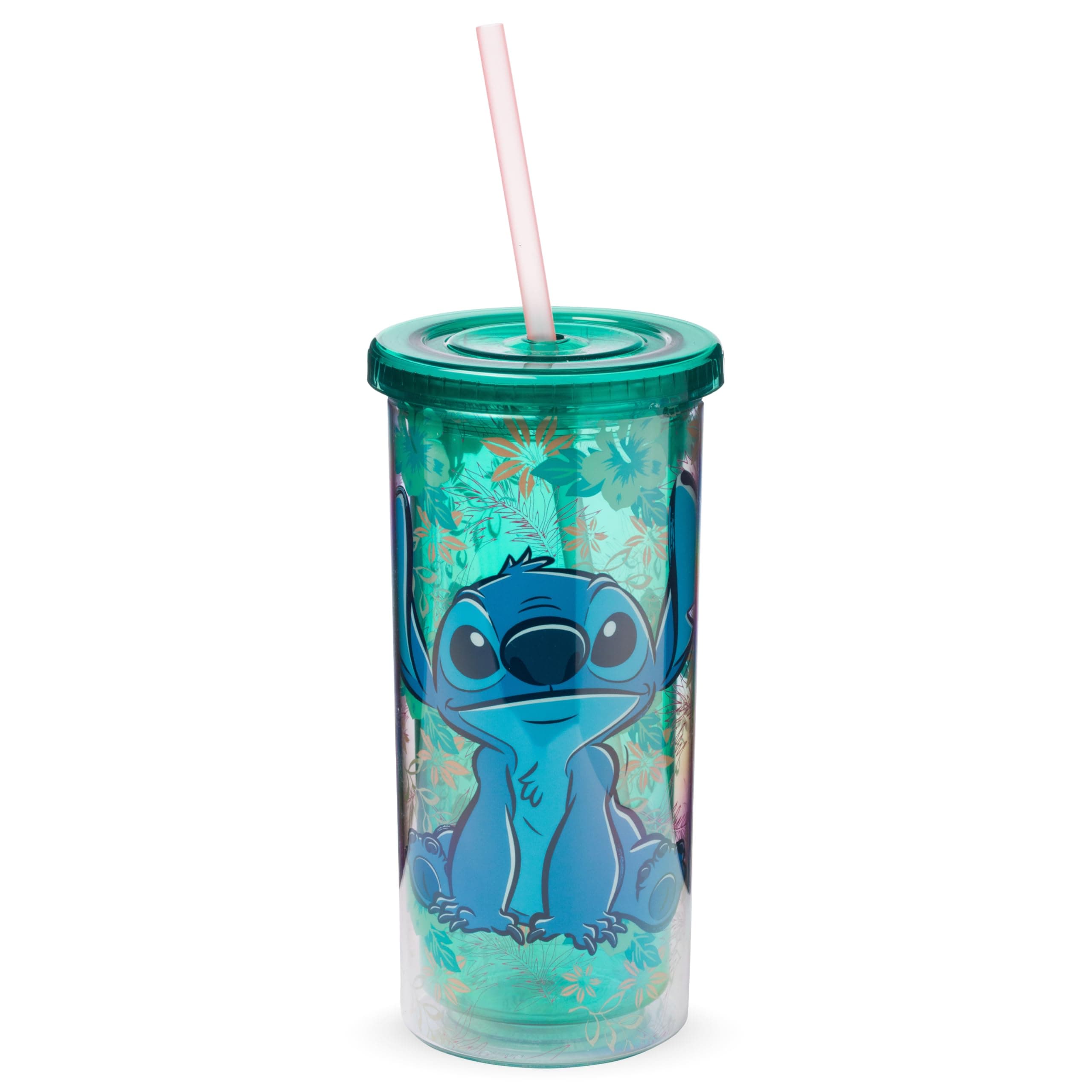 Disney Lilo and Stitch Tropical Pattern Plastic Tall Cold Cup with Lid and Straw, 20 Ounces