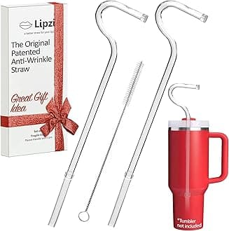 Lipzi - Anti Wrinkle Straw - Glass anti-wrinkle drinking straws for 40oz Tumbler, Clear Reusable Straws with Cleaning Brush - Eco-Friendly Alternative to Plastic - Cleaning Brush Included - 2 Pack