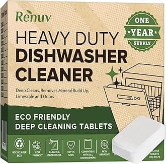 Renuv® Heavy Duty Dishwasher Cleaner & Deodorizer Tablets, Descaler, Deep Cleaning, Natural Odor & Smell Remover, Calcium, Limescale, Hard Water Marks, Grease, Septic Safe Pods (12 Tabs 1 Yr Supply)