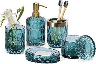 EMPO 6PCS Bathroom Clear Glass Accessories Set (Lotion Soap Dispenser, Soap Dish, Toothbrush Holder, Tumbler, Cotton Swab Jar), Contemporary Modern Decor Crystal Vintage Gift (6pcs Ocean Teal Blue)