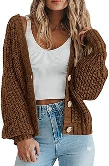 PRETTYGARDEN Women's Chunky Knit Open Front Sweater Long Sleeve Button Loose Short Cardigan Outerwear Coats