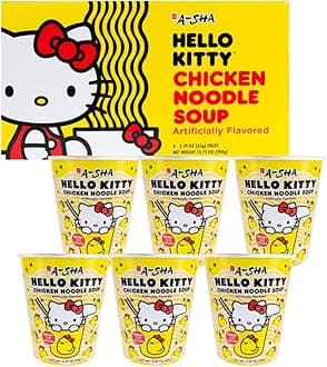 Hello Kitty Vegan Ramen Noodle Cup | 6 Pack Chicken Flavor | Premium Microwaveable Ramen Soup Mix, Asian Snacks
