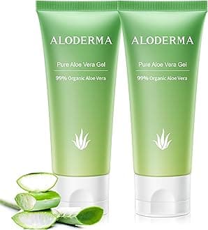 Aloderma 99% Organic Aloe Vera Gel Made within 12 Hours of Harvest, Easy Travel Size Tube for Body, Face, & Scalp, Cooling & Soothing Support for Skin & Sunburn, Hydrating Aloe Gel, 1.5oz - 2ct