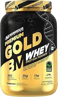 Bigmuscles Nutrition Premium Gold Whey [1Kilogram, Double Rich Chocolate] |Informed Choice UK Certified | Isolate Whey Protein Blend | 25G Protein | 11G EAA | Prohydrolase Enzyme Technology, 37 Grams