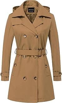 Women's Trench Coat Double-Breasted Classic Lapel Overcoat Belted Slim Outerwear Coat with Detachable Hood