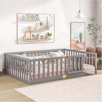 Tatub Full Montessori Floor Bed with High Rails, Solid Wood Montessori Bed Frame for Kids, Door Can Install Left and Right, Full-Grey