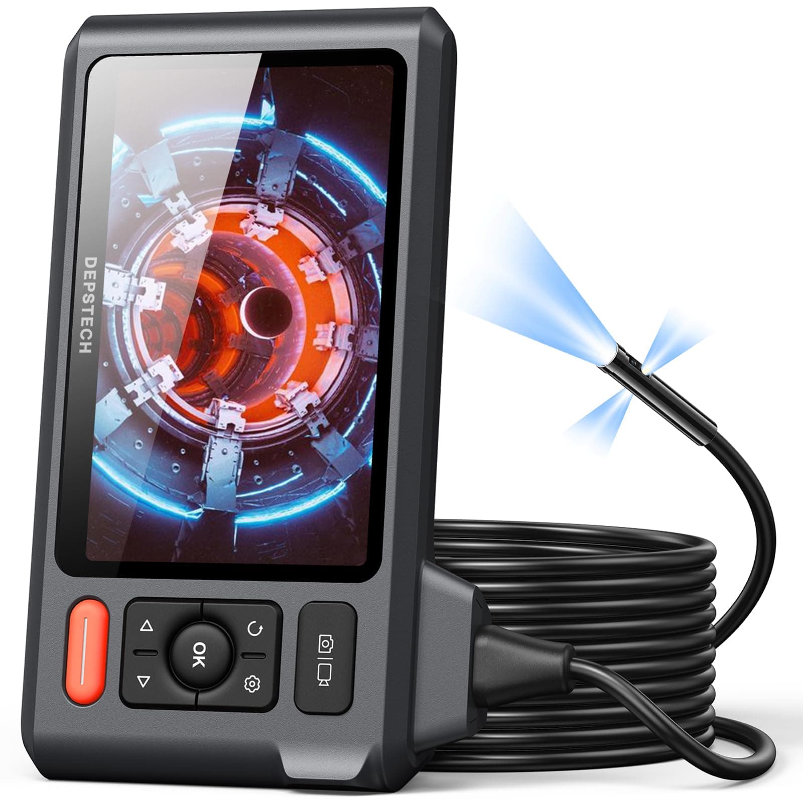 DEPSTECH Triple Lens Borescope Inspection Camera, 5" IPS Screen Endoscope With Lights, 1080P Sewer and 180° Flip Button, 16.5ft Cable, Cool Tool for Wall, Automotive, HVAC Ducts